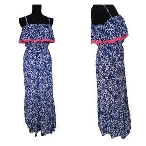 Lilly Pulitzer Adia Ruffle Blue White Print Maxi Dress Size XXS
